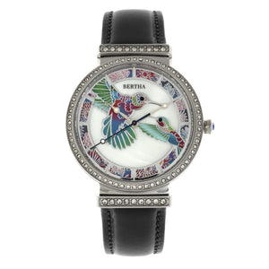 Bertha Emily Mother-Of-Pearl Leather-Band Watch - Silver/Black - BTHBR7804