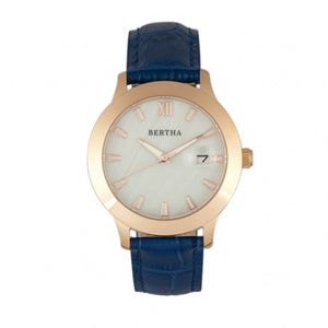Bertha Eden Mother-Of-Pearl Leather-Band Watch w/Date - Blue/Rose Gold - BTHBR6506