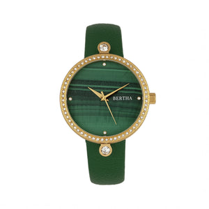 Bertha Frances Marble Dial Leather-Band Watch - Green - BTHBR6403