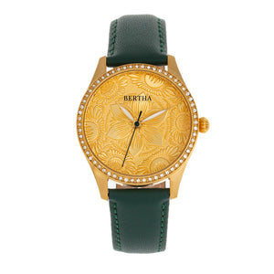 Bertha Dixie Floral Engraved Leather-Band Watch